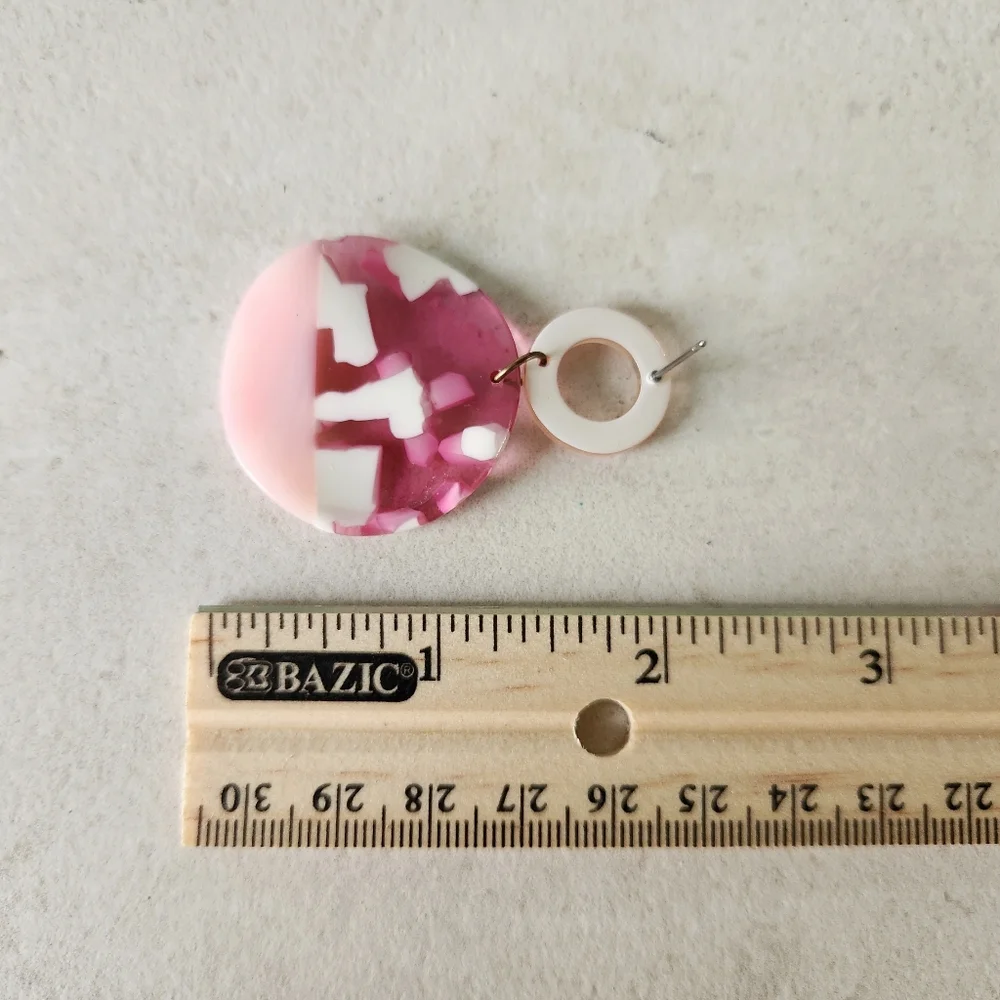 Pink White Acrylic Swirl Round Post Dangle Earrings for Pierced Ears